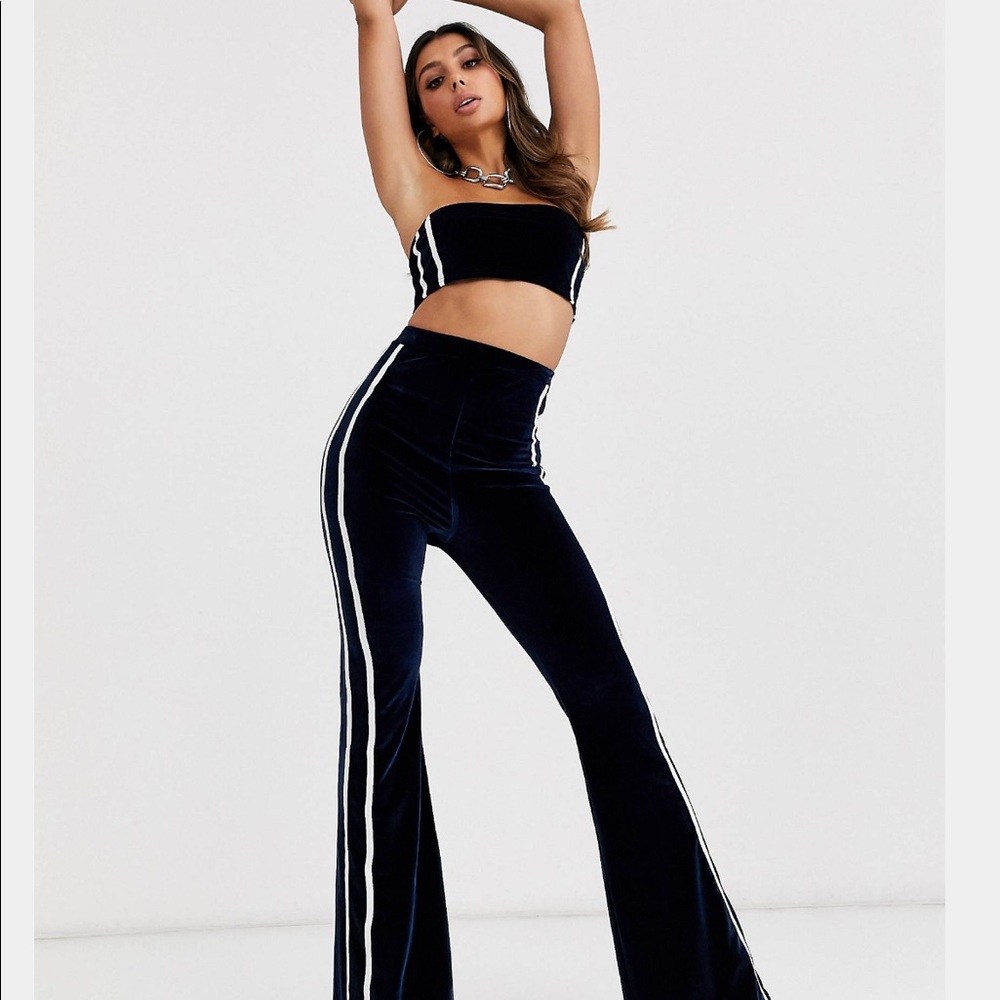 FASHIONKILLA Blue Velour Tube Top and High Waist Flare Pant with White Stripes